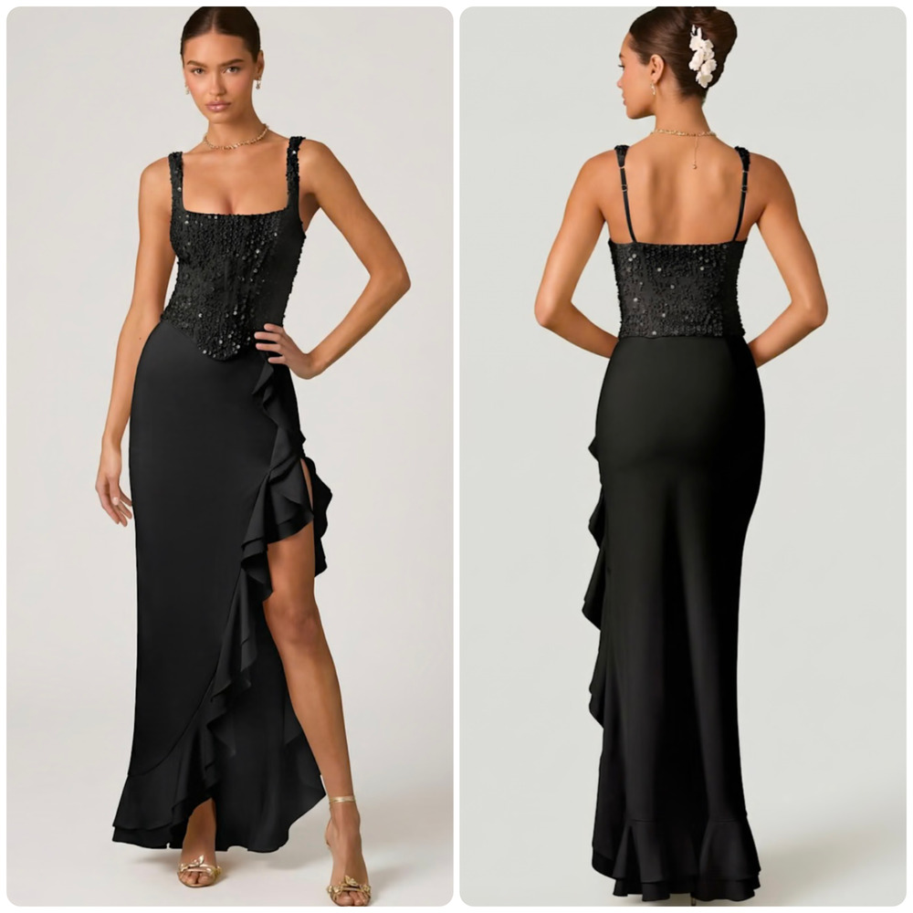 Oh Polly Robina Embellished Ruffle-Trim Corset Gown Maxi Dress in Black size 4